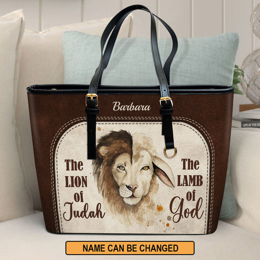 The Lion Of Judah The Lamb Of God Personalized Large Pu Leather Tote Bag For Women - Mom Gifts For Mothers Day