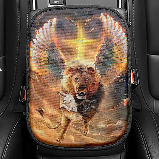 The Lion Wing Lambs Cross Seat Box Cover, Lion Car Center Console Cover, Christian Inspirational Car Interior Accessories