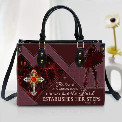 The Lord Establishes Her Steps Cross Leather Handbag - Religious Gifts For Women - Women Pu Leather Bag