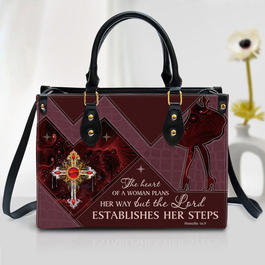 The Lord Establishes Her Steps Cross Leather Handbag - Religious Gifts For Women - Women Pu Leather Bag