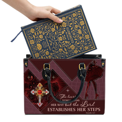 The Lord Establishes Her Steps Cross Leather Handbag - Religious Gifts For Women - Women Pu Leather Bag