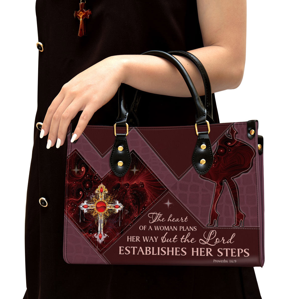 The Lord Establishes Her Steps Cross Leather Handbag - Religious Gifts For Women - Women Pu Leather Bag