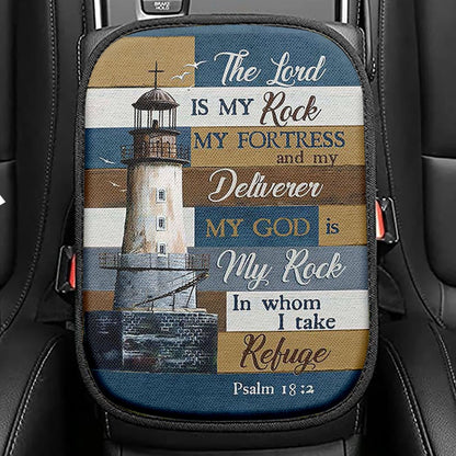 The Lord Is My Rock Lighthouse Wood Cross Seat Box Cover, Inspirational Car Center Console Cover, Christian Car Interior Accessories