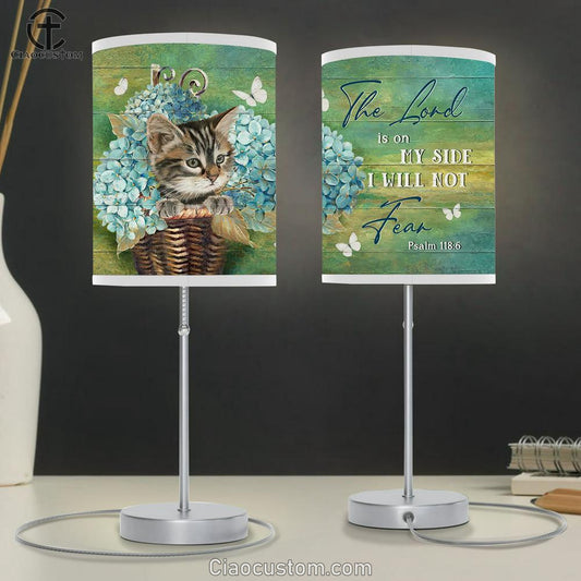 The Lord Is On My Side Blue Hydrangea Vase, Little Cat Lamp Art Table Lamp - Christian Lamp Art - Religious Art