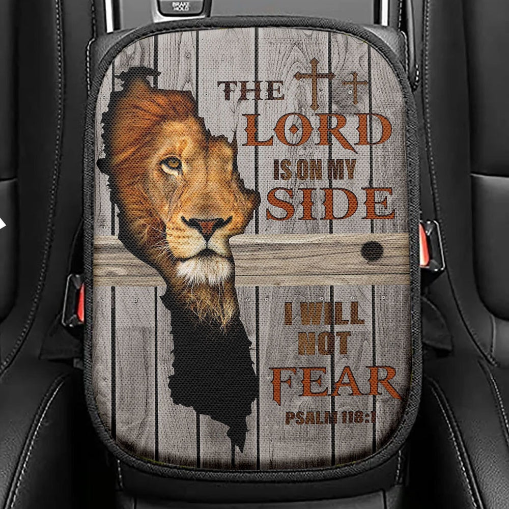 The Lord Is On My Side Seat Box Cover, Lion Lamb Of God Wooden Cross Car Center Console Cover, Inspirational Car Interior Accessories