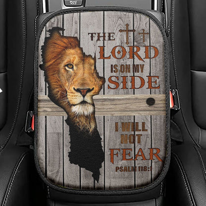 The Lord Is On My Side Seat Box Cover, Lion Lamb Of God Wooden Cross Car Center Console Cover, Inspirational Car Interior Accessories