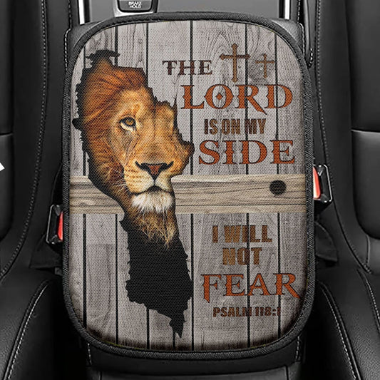 The Lord Is On My Side Seat Box Cover, Lion Lamb Of God Wooden Cross Car Center Console Cover, Inspirational Car Interior Accessories
