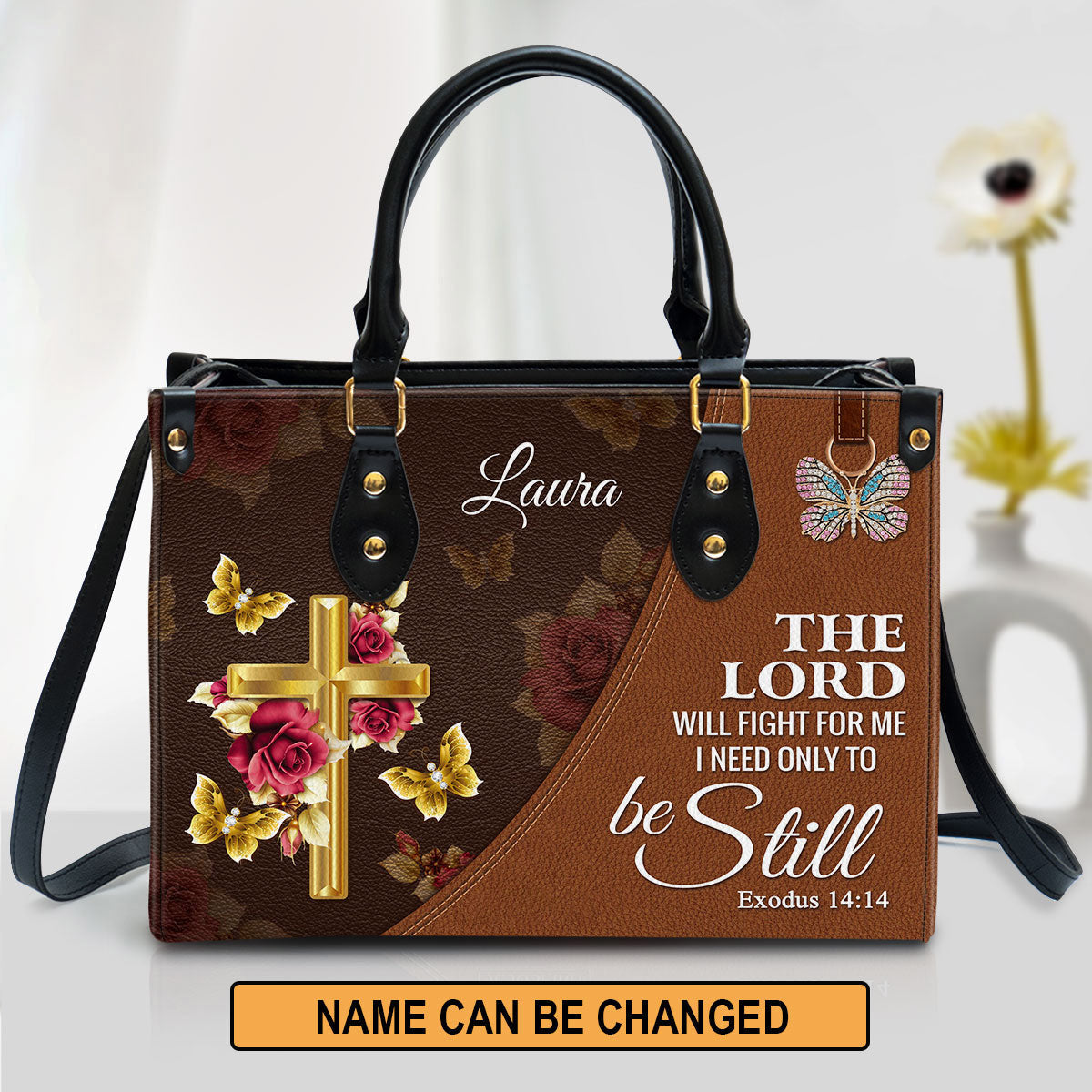 The Lord Will Fight For Me Personalized Floral Cross Leather Bag For Women - Religious Gifts For Women