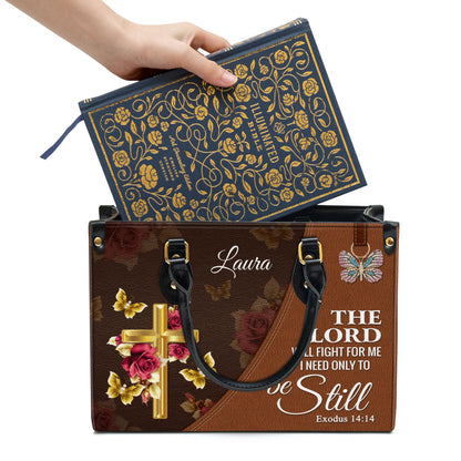 The Lord Will Fight For Me Personalized Floral Cross Leather Bag For Women - Religious Gifts For Women