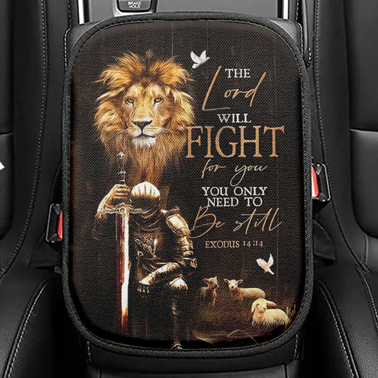 The Lord Will Fight For You Seat Box Cover, Knight Of The God Lion Of Judah Car Center Console Cover, Christian Car Interior Accessories
