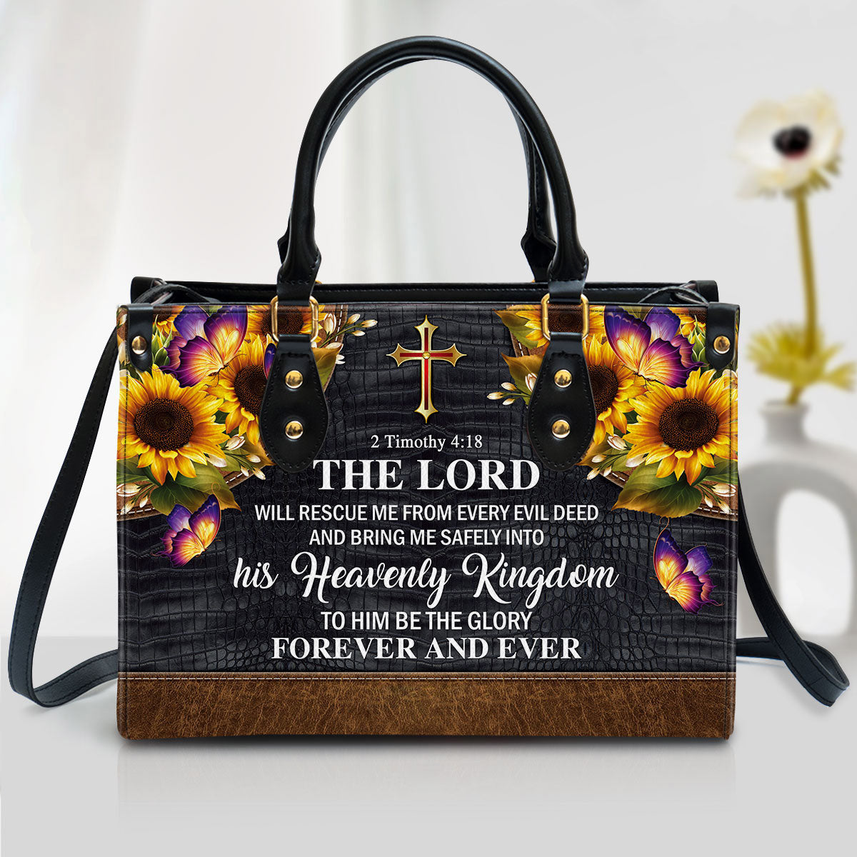 The Lord Will Rescue Me From Every Evil Deed Beautiful Sunflower Leather Handbag - Religious Gifts For Women