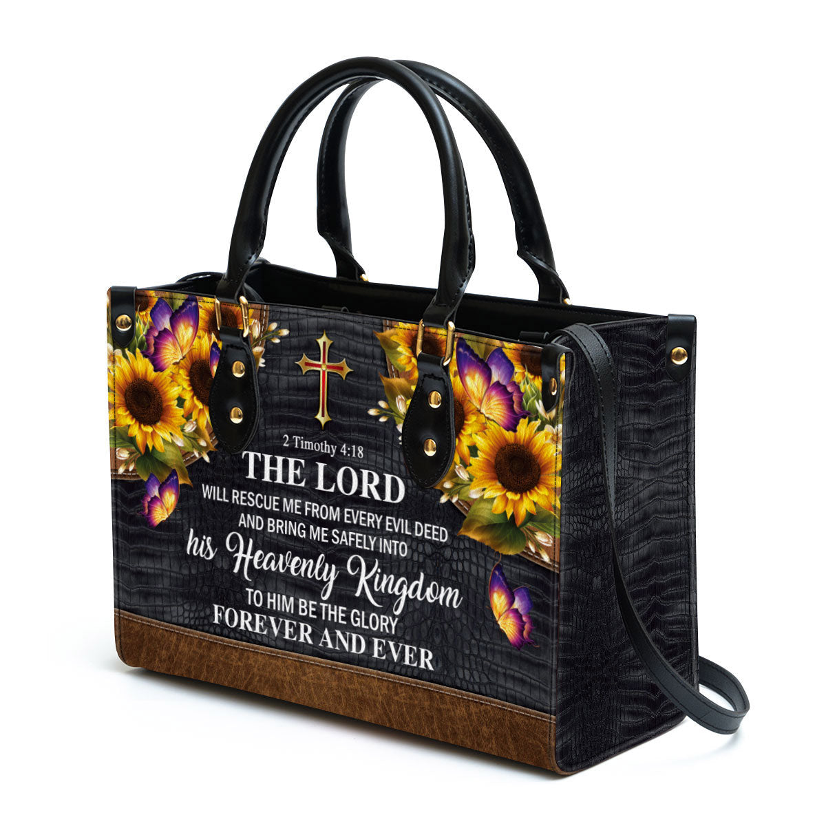 The Lord Will Rescue Me From Every Evil Deed Beautiful Sunflower Leather Handbag - Religious Gifts For Women