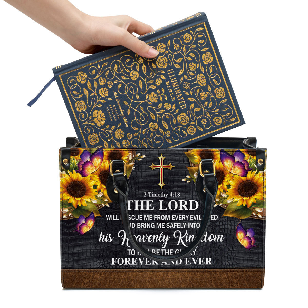 The Lord Will Rescue Me From Every Evil Deed Beautiful Sunflower Leather Handbag - Religious Gifts For Women