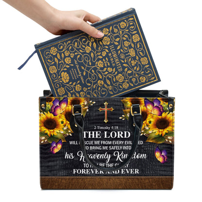 The Lord Will Rescue Me From Every Evil Deed Beautiful Sunflower Leather Handbag - Religious Gifts For Women