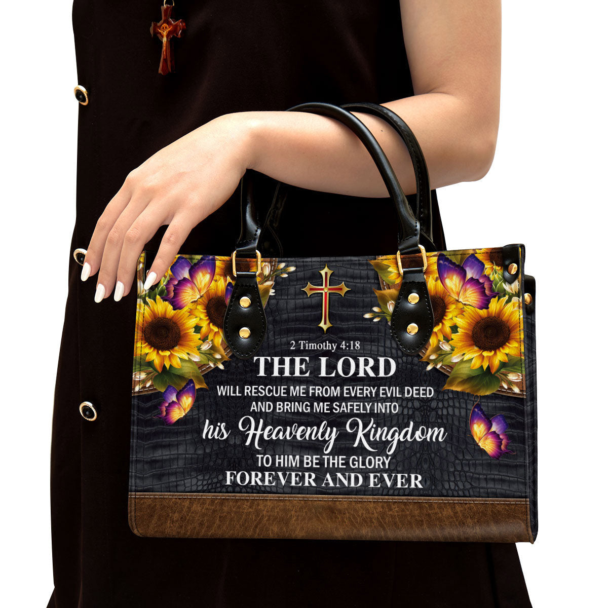 The Lord Will Rescue Me From Every Evil Deed Beautiful Sunflower Leather Handbag - Religious Gifts For Women