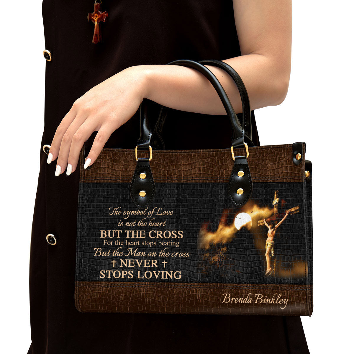 The Man On The Cross Never Stops Loving Leather Bag - Custom Name Jesus Leather Handbag - Christian Gifts For Women