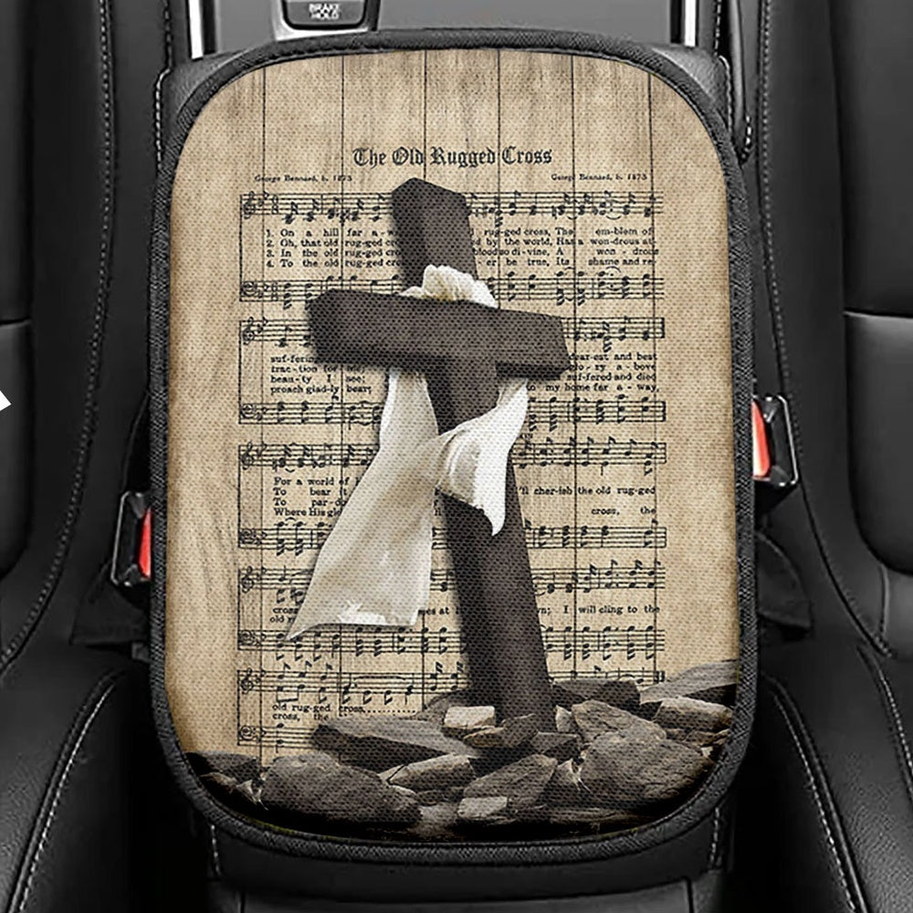 The Old Rugged Cross Seat Box Cover, Black Cross White Silk Music Sheet Car Center Console Cover, Bible Verse Car Interior Accessories