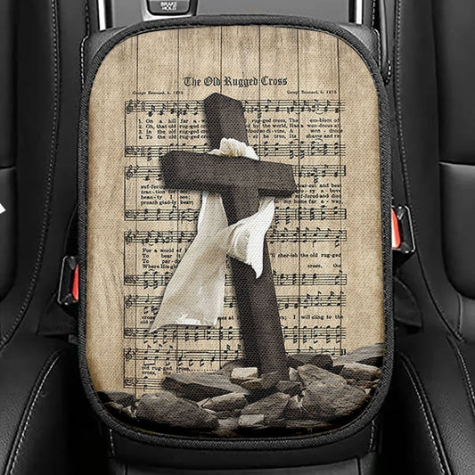The Old Rugged Cross Seat Box Cover, Black Cross White Silk Music Sheet Car Center Console Cover, Bible Verse Car Interior Accessories