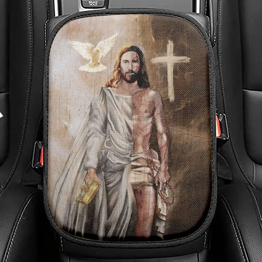 The Rugged Cross And Amazing Lion Seat Box Cover, Christian Car Center Console Cover, Religious Car Interior Accessories