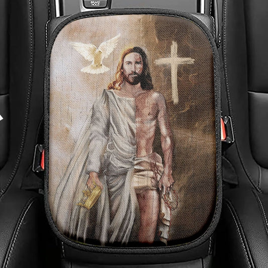 The Rugged Cross And Amazing Lion Seat Box Cover, Christian Car Center Console Cover, Religious Car Interior Accessories