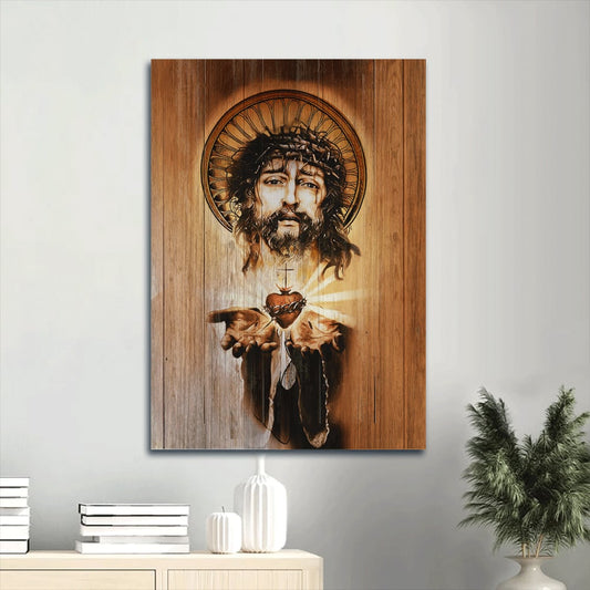 The Sacred Heart Of Jesus Canvas Wall Art - Beautiful Jesus Face &Stunning Crown Of Thorn - Gift For Christian