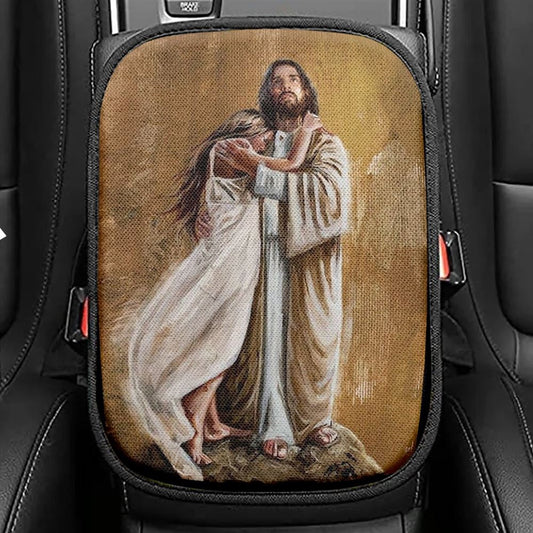 The Savior, Jesus Hug, In The Arms Of His Love Car Center Console Cover, Christian Armrest Seat Cover, Bible Seat Box Cover