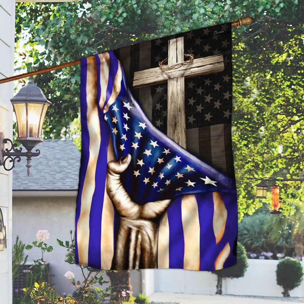 The Thin Blue Line Christian Cross American U S House Flags - Christian Garden Flags - Outdoor Christian Flag