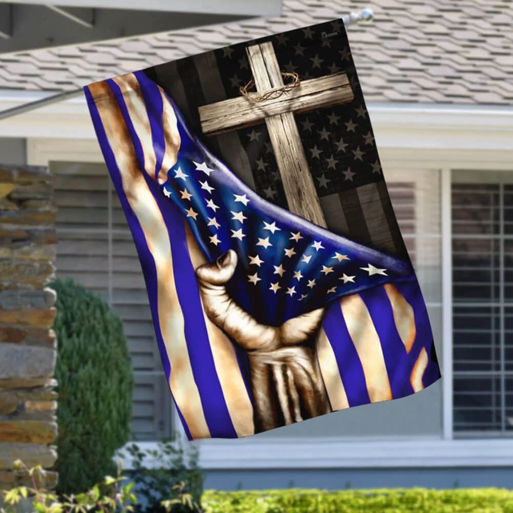 The Thin Blue Line Christian Cross American U S House Flags - Christian Garden Flags - Outdoor Christian Flag