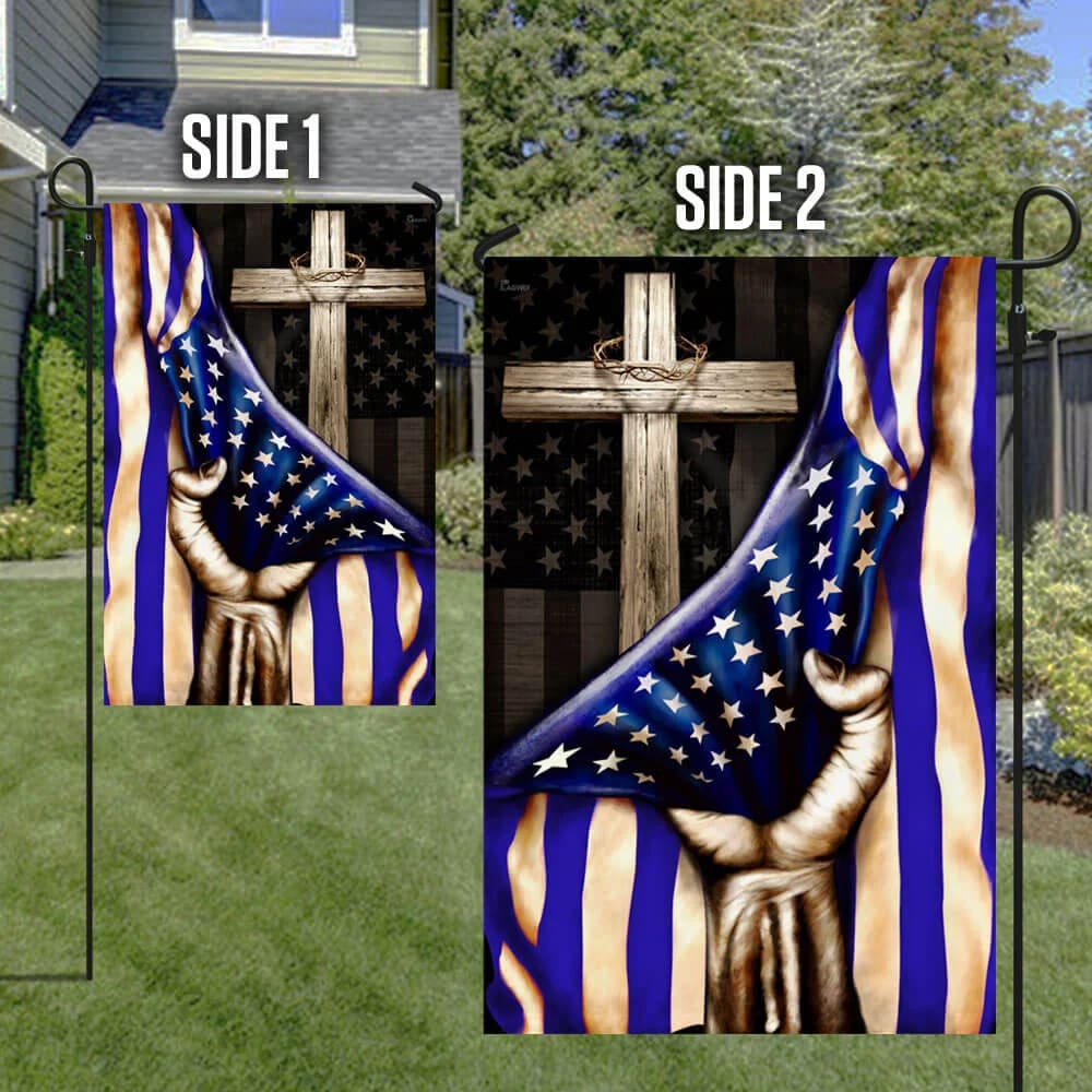 The Thin Blue Line Christian Cross American U S House Flags - Christian Garden Flags - Outdoor Christian Flag
