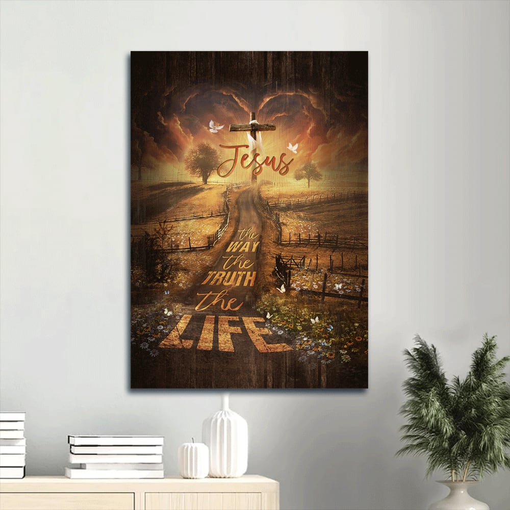 The Way The Truth The Life Canvas Wall Art - Farm & Pretty Sunset & Daisy Field Portrait Canvas- Gift For Christian