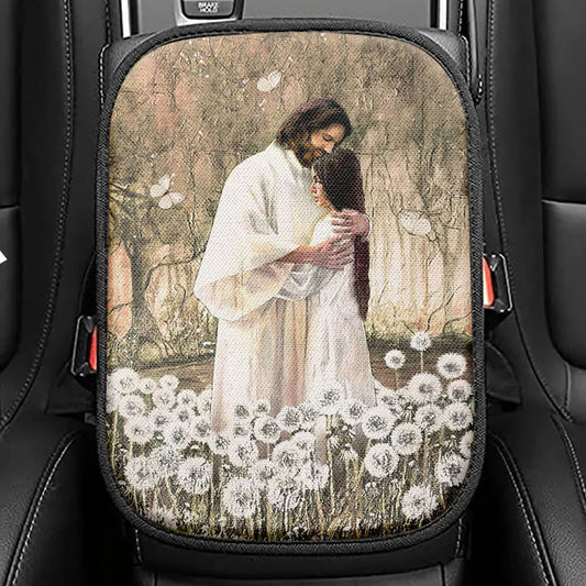 The World In His Arm Dandelion Field Seat Box Cover, Christian Car Center Console Cover, Bible Verse Car Interior Accessories