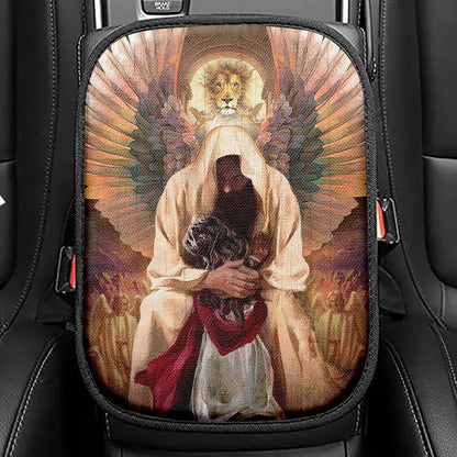 The World In His Arm Pray For Healing Angel Wings Seat Box Cover, Christian Car Center Console Cover, Bible Verse Car Interior Accessories