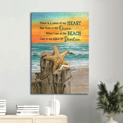 There Is A Piece Of My Heart Canvas Wall Art - Starfish Blue Ocea Orange Sunset Portrait Canvas - Gift For Christian