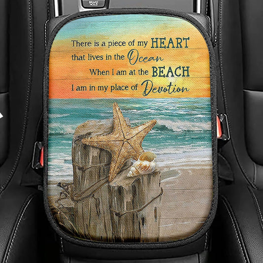 There Is A Piece Of My Heart Starfish Blue Ocean Sunset Seat Box Cover, Christian Car Center Console Cover, Bible Verse Car Interior Accessories