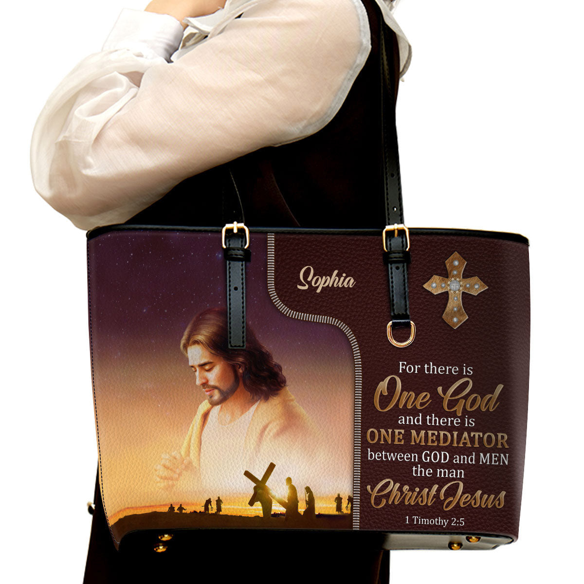 There Is One Mediator Between God And Men The Man Christ Jesus Personalized Large Pu Leather Tote Bag For Women - Mom Gifts For Mothers Day