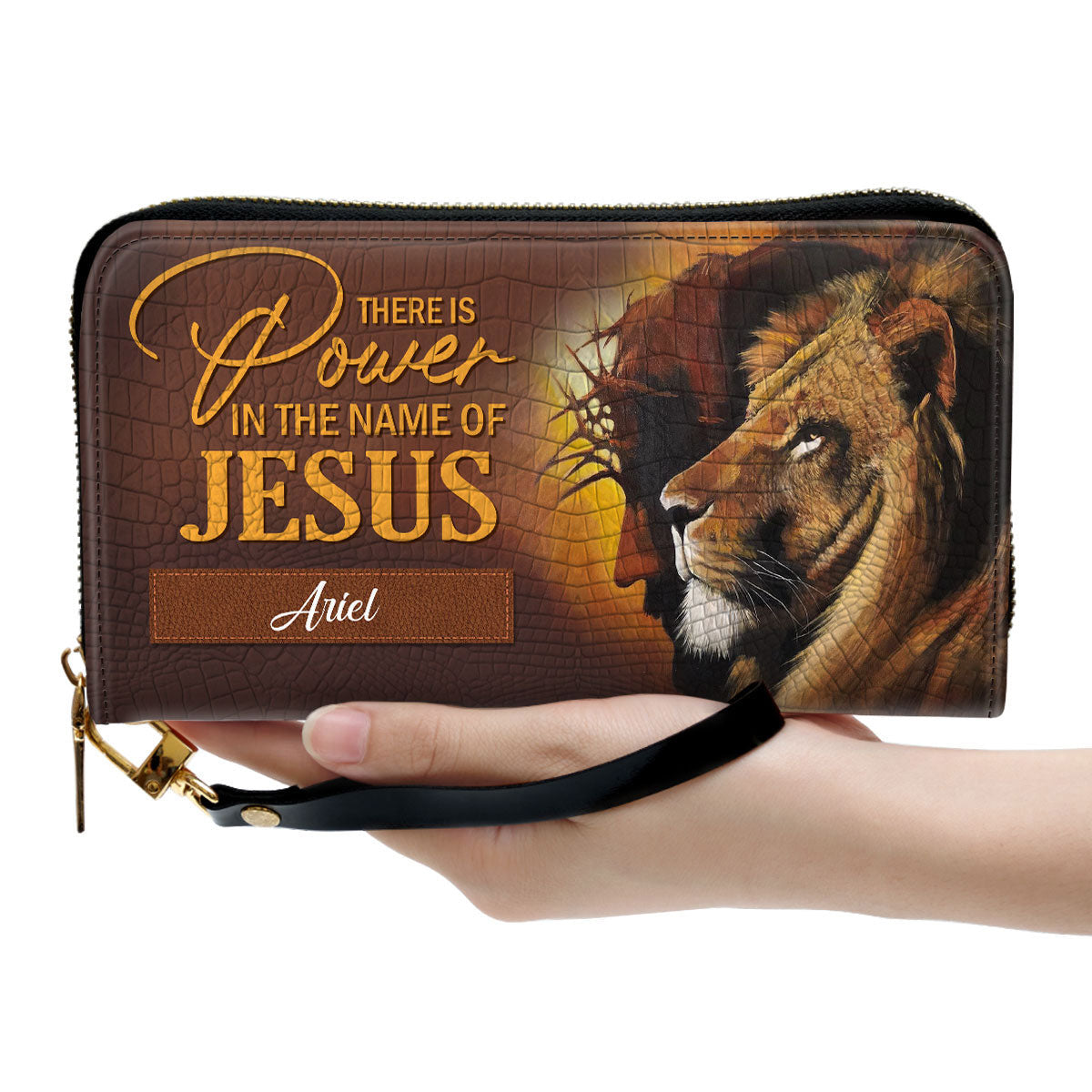 There Is Power In The Name Of Jesus - Half Jesus Half Lion Clutch Purse For Women - Personalized Name - Christian Gifts For Women