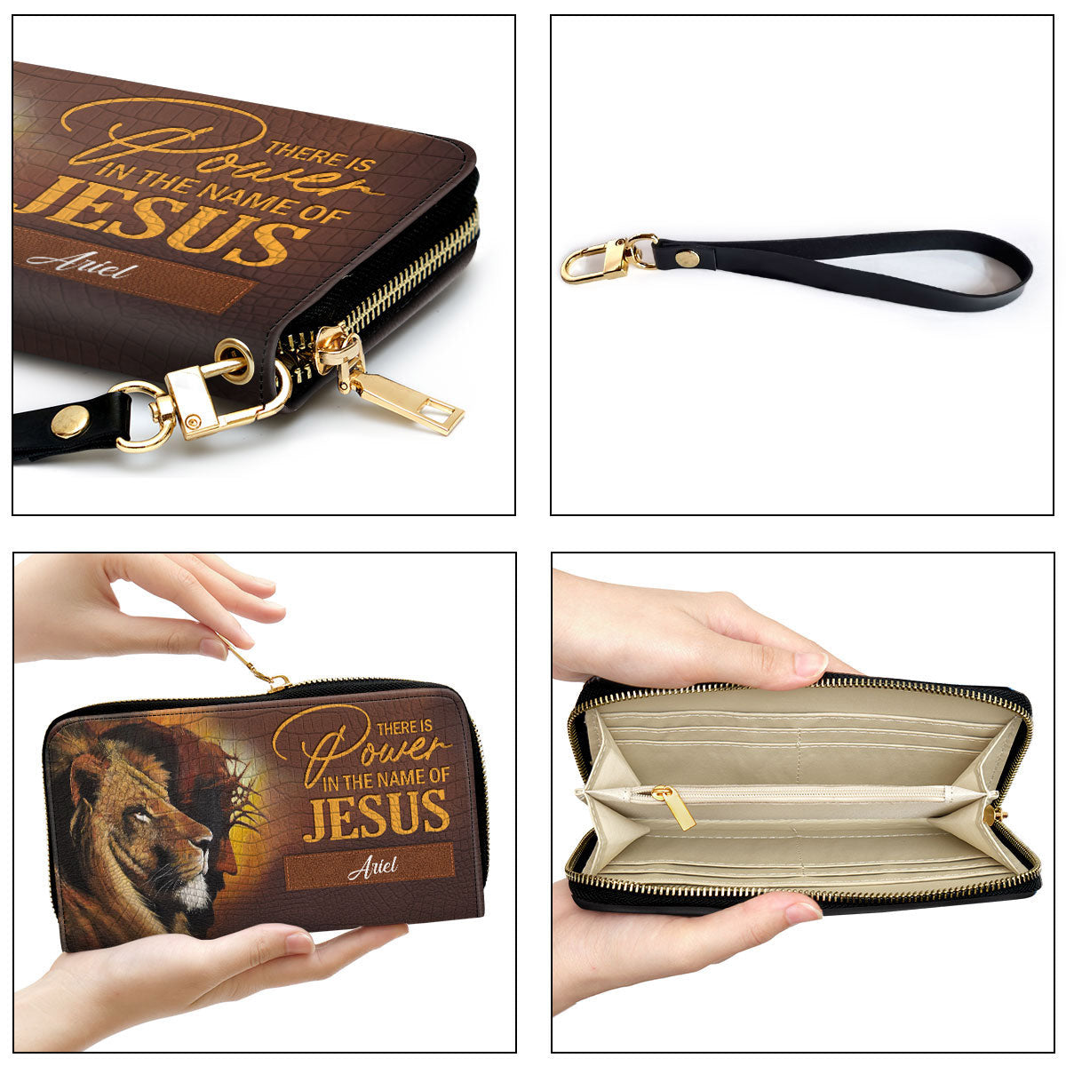 There Is Power In The Name Of Jesus - Half Jesus Half Lion Clutch Purse For Women - Personalized Name - Christian Gifts For Women