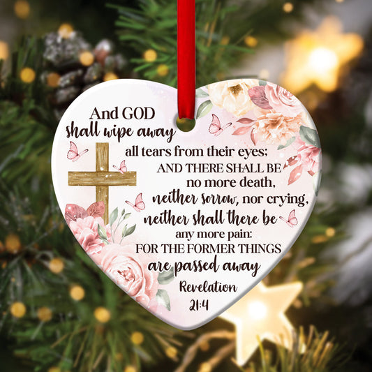 There Shall Be No More Death - Flower And Cross Ceramic Heart Ornament - Ornaments Hanging Gift