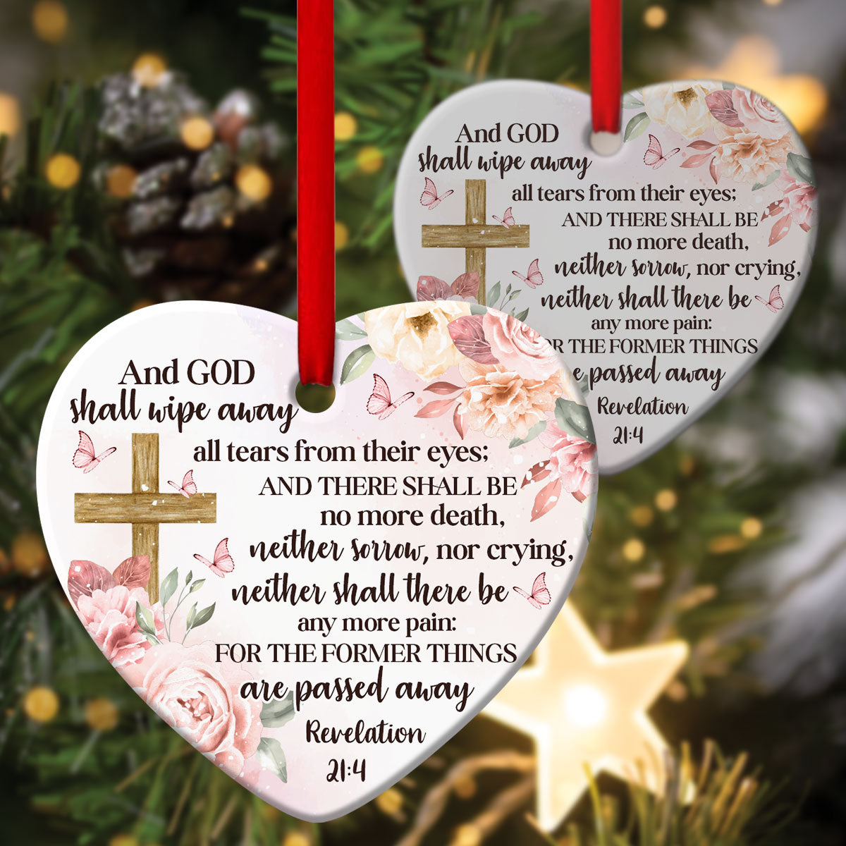 There Shall Be No More Death - Flower And Cross Ceramic Heart Ornament - Ornaments Hanging Gift