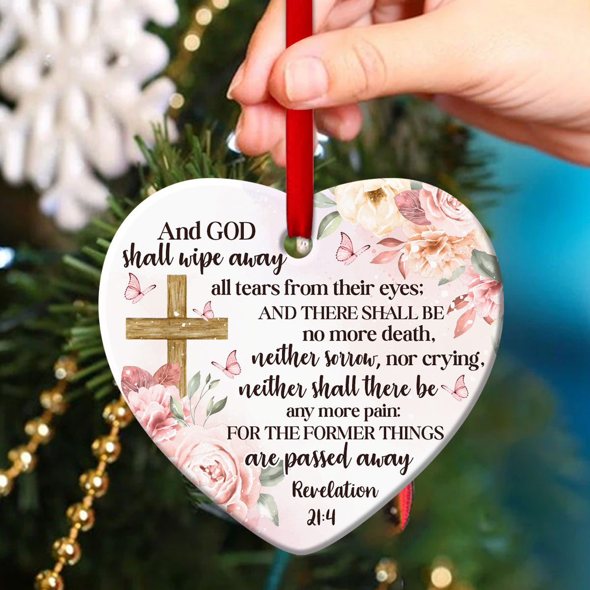 There Shall Be No More Death - Flower And Cross Ceramic Heart Ornament - Ornaments Hanging Gift