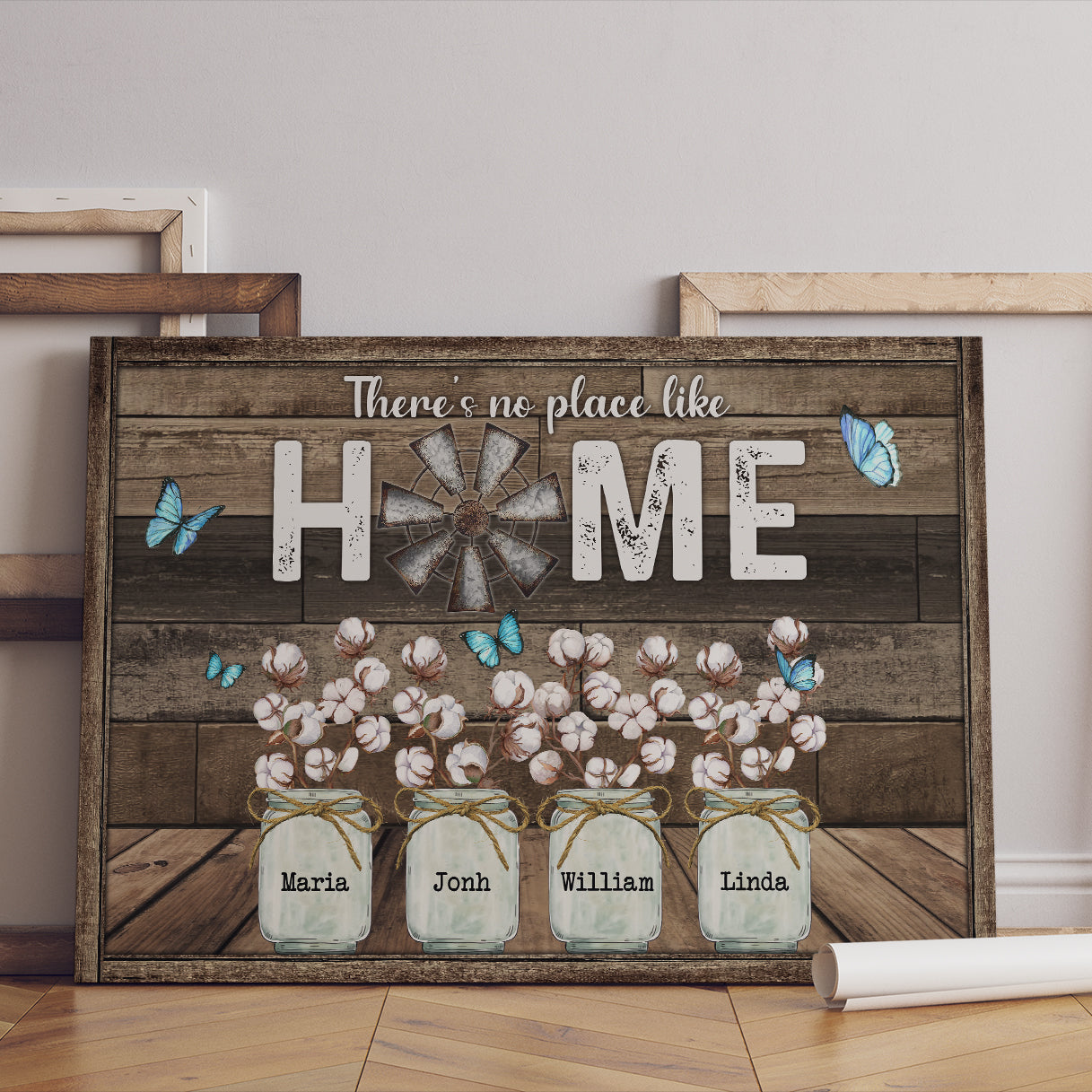 There's No Place Like Home Butterfly Cotton Flower Canvas - Personalized Family Gifts