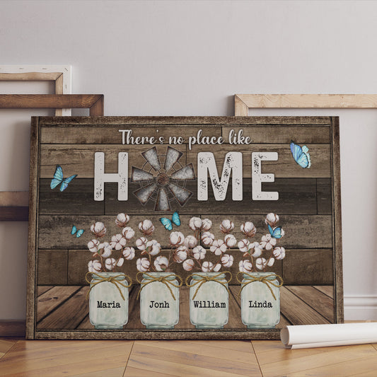 There's No Place Like Home Butterfly Cotton Flower Canvas - Personalized Family Gifts