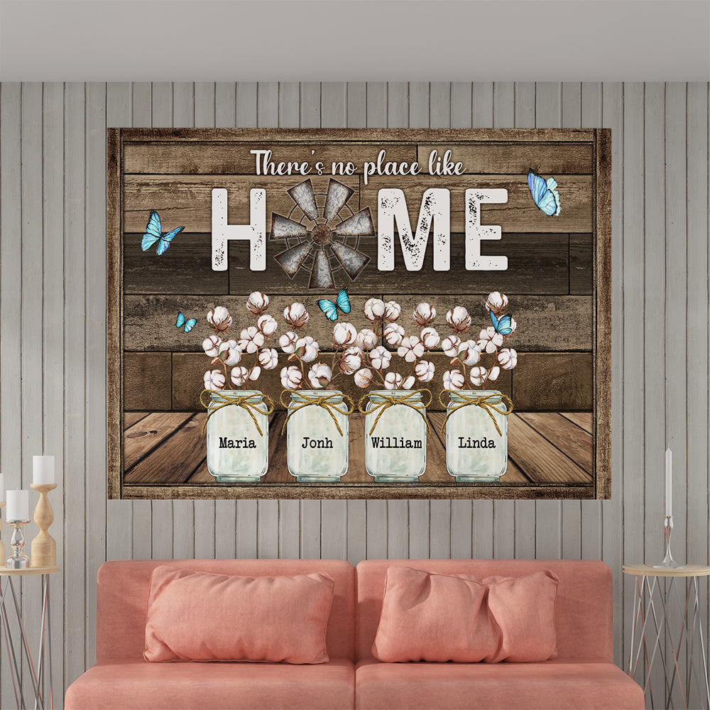 There's No Place Like Home Butterfly Cotton Flower Canvas - Personalized Family Gifts