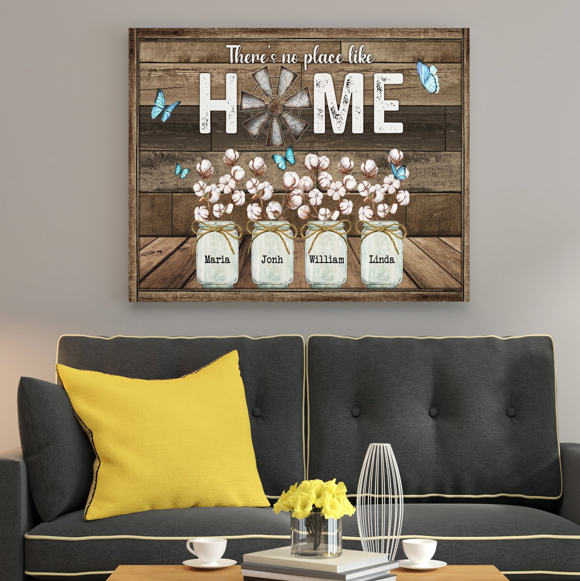 There's No Place Like Home Butterfly Cotton Flower Canvas - Personalized Family Gifts