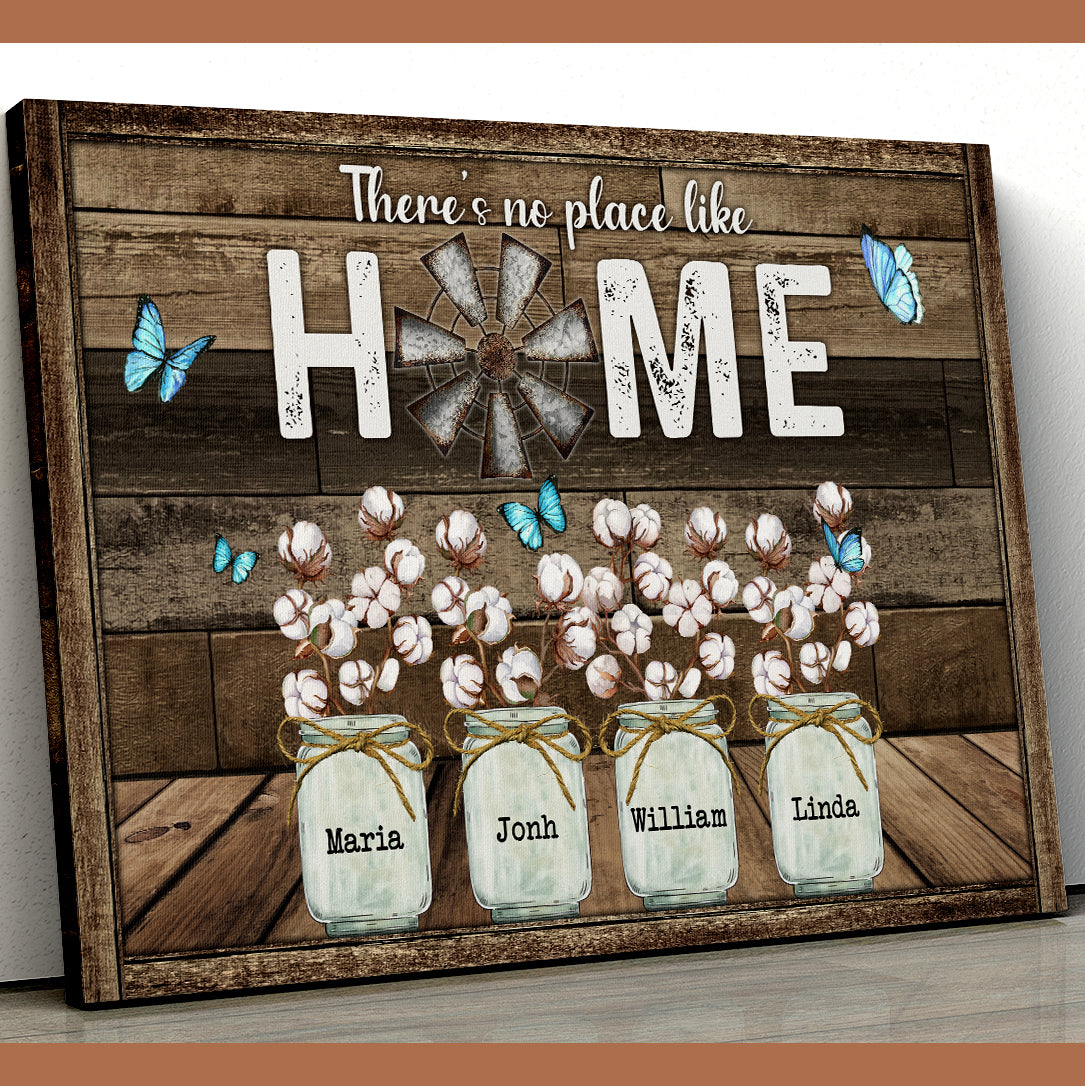 There's No Place Like Home Butterfly Cotton Flower Canvas - Personalized Family Gifts