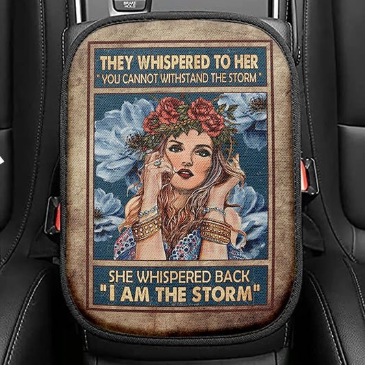 They Whispered To Her Hippie Girl Flower Wreath Seat Box Cover, Christian Car Center Console Cover, Bible Verse Car Interior Accessories