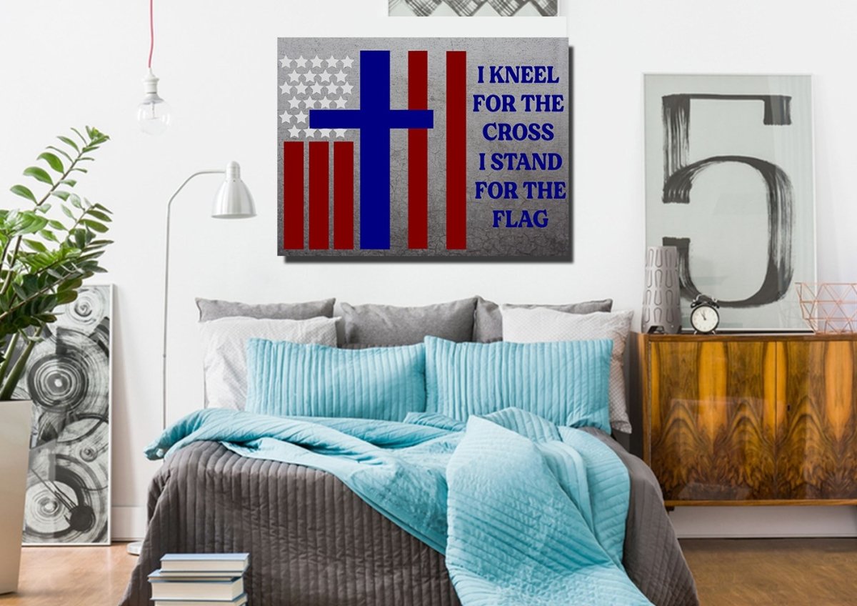 Thick Gray Stand For The Cross, Kneel For The Flag American Flag Patriotic Wall Art - Christian Canvas Wall Art