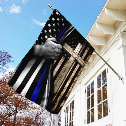 Thin Blue Line Christian Cross House Flags - Christian Garden Flags - Outdoor Christian Flag