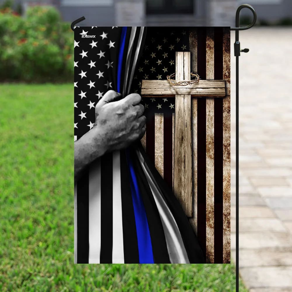 Thin Blue Line Christian Cross House Flags - Christian Garden Flags - Outdoor Christian Flag