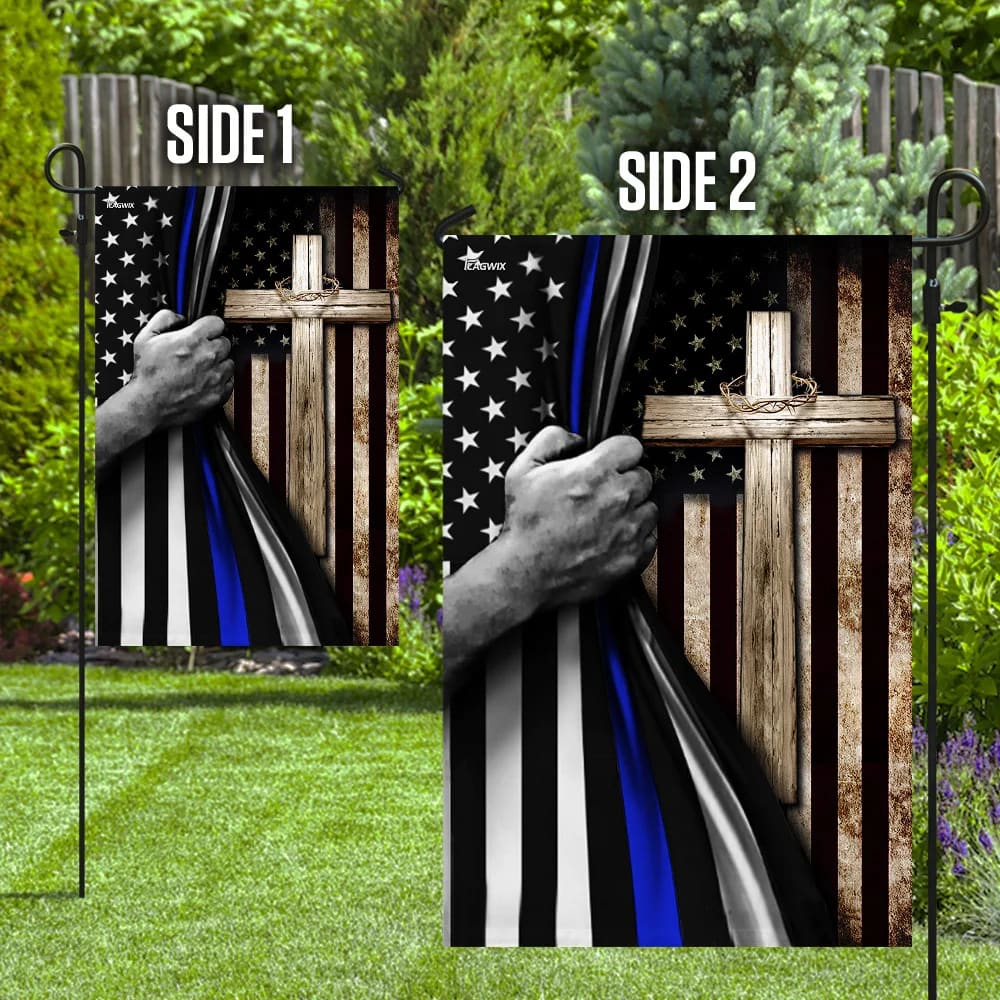 Thin Blue Line Christian Cross House Flags - Christian Garden Flags - Outdoor Christian Flag